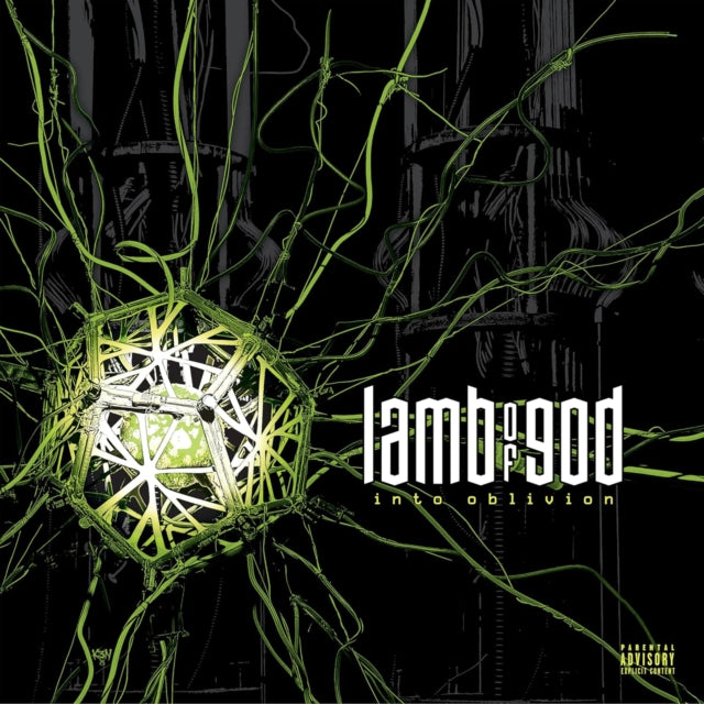 Album cover for 'Into Oblivion' by Lamb of God with green and white design elements.