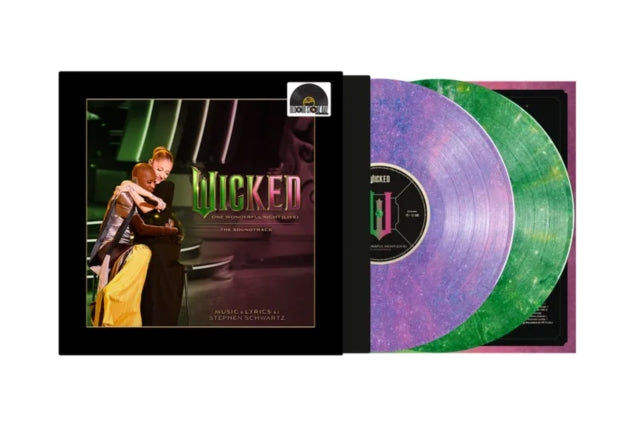 Wicked: One Wonderful Night (Live) album cover shown with one purple and one green colored vinyl record