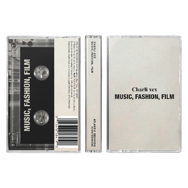 Charli XCX "Music, Fashion, Film" cassette tape in a clear case with a white cover with simple text of the album and artist name on it