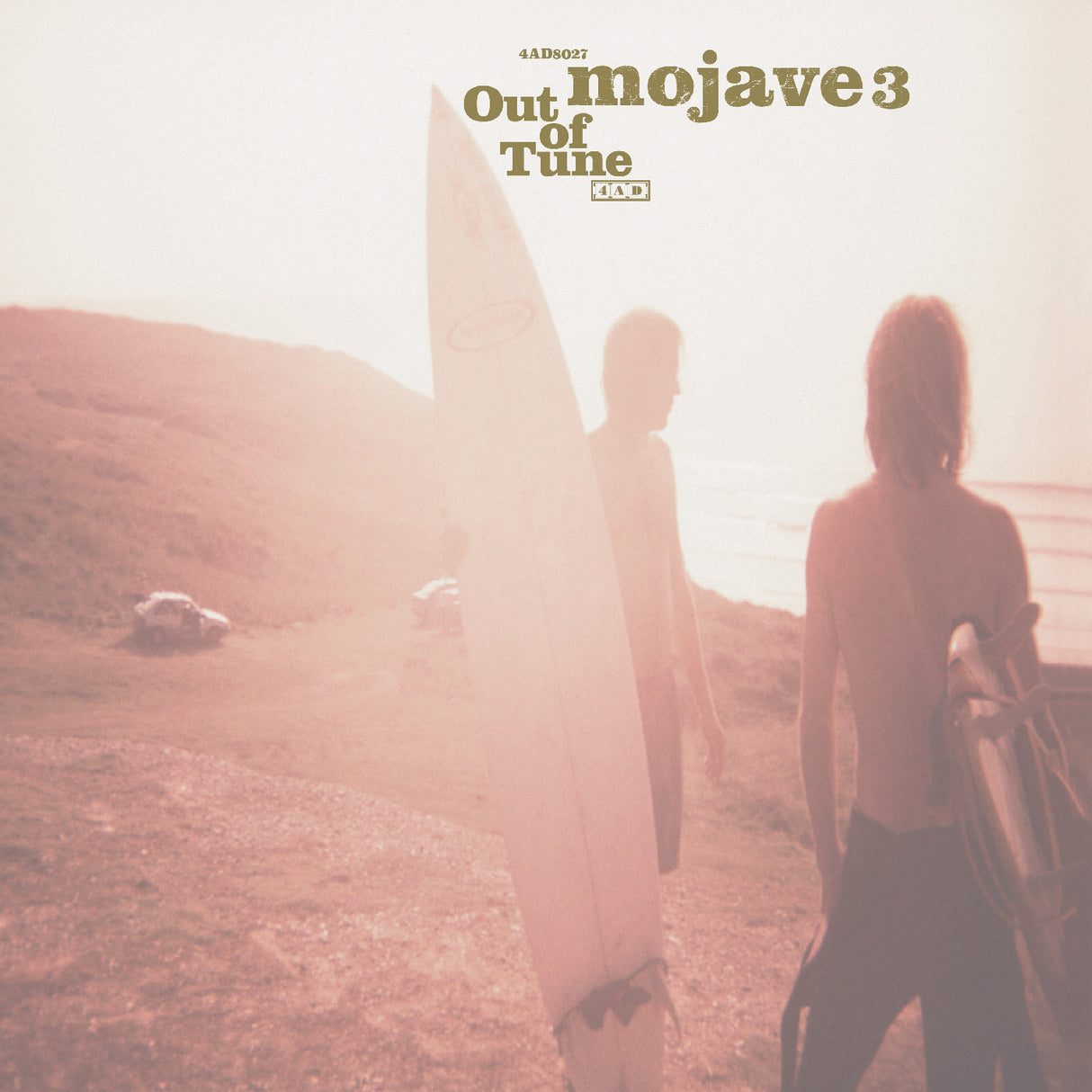 Mojave 3 'Out of Tune' Album cover with two people holding surfboards and a car in the background.