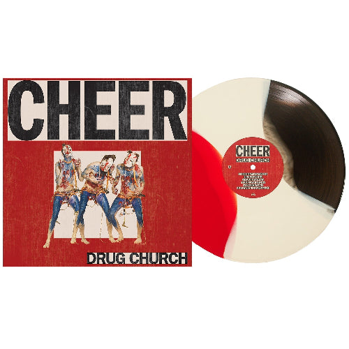 Drug Church "Cheer" album cover shown with a red, white and black stripe colored vinyl record