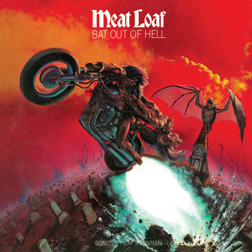 Album cover for 'Bat Out of Hell' by Meat Loaf with a motorcycle and dragon illustration.