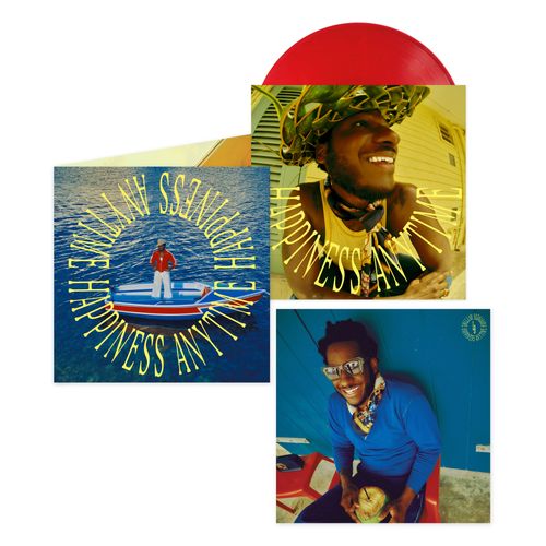 A vinyl record album set shown on a white background, featuring a red vinyl disc partially visible behind two album covers. The covers display colorful portraits and text reading 'HAPPINESS ANYTIME' twice in a circle around Leon Bridges on a boat, plus two additional images of Leon on inner sleeves of the album.
