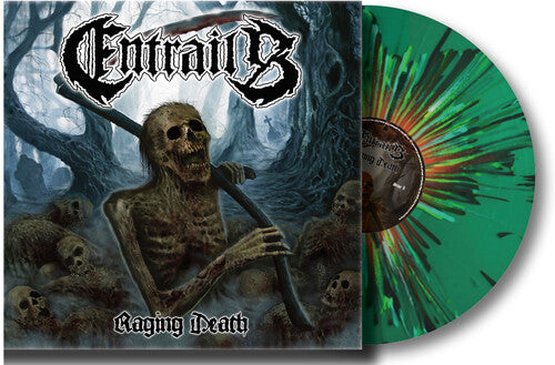 Entrails "Raging Death" album cover shown with a green with splatter colored vinyl record