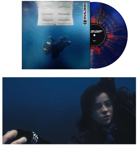 Billie Eilish "hit me hard and soft" album cover shown with a blue vinyl record with orange splatter