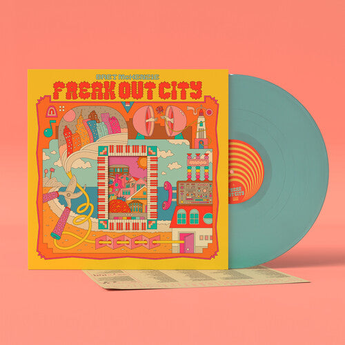 Bret McKenzie "freak out city" album cover shown with a light blue colored vinyl record on a pink background
