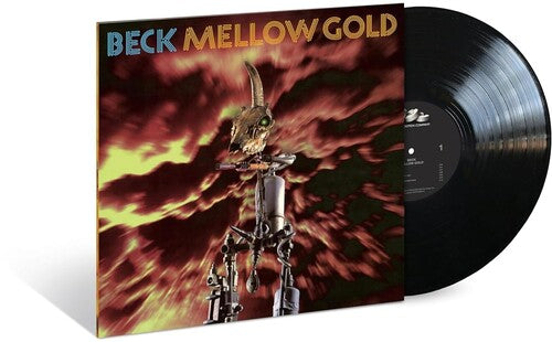 Black vinyl record shown with 'Beck Mellow Gold' album cover featuring a fiery design.