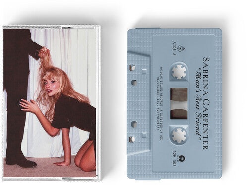 Sabrina Carpenter "Man's Best Friend" album cover in a cassette case, shown with a light blue colored cassette tape