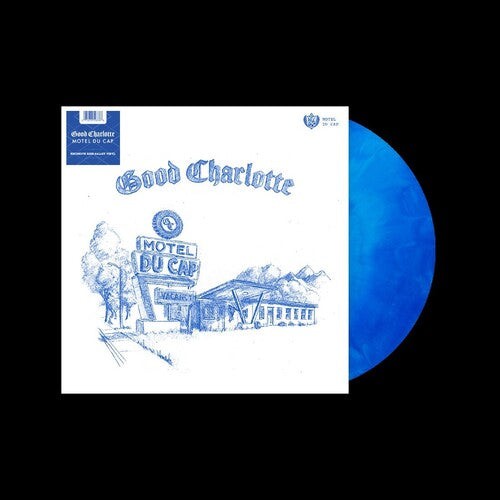 Good Charlotte "Motel du Cap" album cover shown with a bright blue marble vinyl record