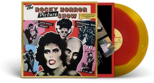 Vinyl record with 'The Rocky Horror Picture Show' cover featuring iconic characters, shown with a red-in-gold colored vinyl record