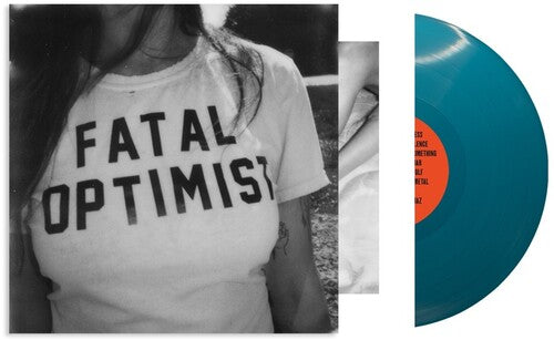 Madi Diaz "Fatal Optimist" album cover shown with a turquoise colored vinyl record