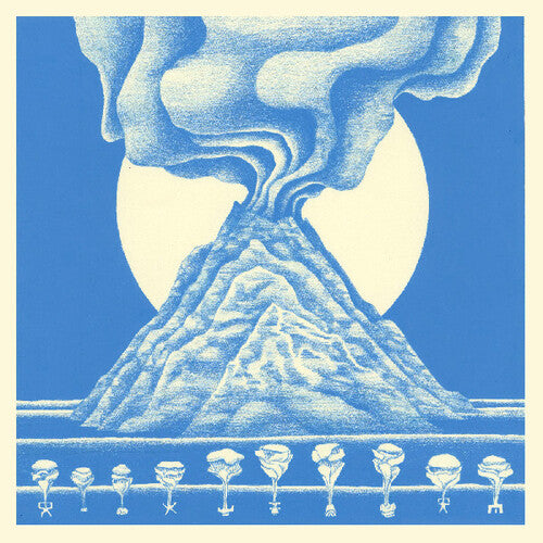 Patrick Shiroishi "Forgetting is Violent" album cover featuirng an artistic depiction of a mountain with a large moon in the sky, stylized with blue lines on a blue background.