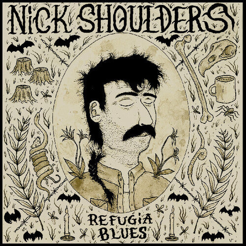 Album cover with a stylized portrait of a man, surrounded by nature elements and text 'Nick Shoulders Refugia Blues'.