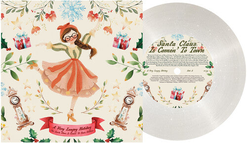 A Very Laufey Holiday: The Santa Claus is Comin' to Town edition album cover, shown with a white glitter colored 7 inch vinyl record