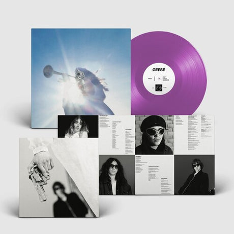 Geese "Getting Killed" album cover shown with a violet colored vinyl record and inner sleeve featuring individual photos of band members