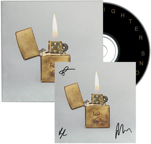 Mumford & Sons "Prizefighter" album cover featuring a Bronze lighter with flame on a gray background, with a black CD in the corner .