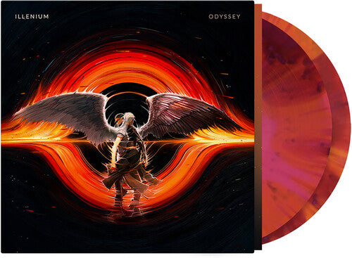 2 orange and red marble vinyl records with an album cover featuring an angel and fiery design, labeled 'Illenium Odyssey'.