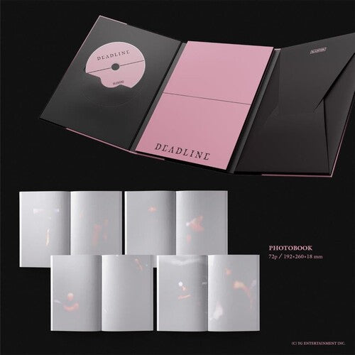 Photobook with pink and black design on a black background