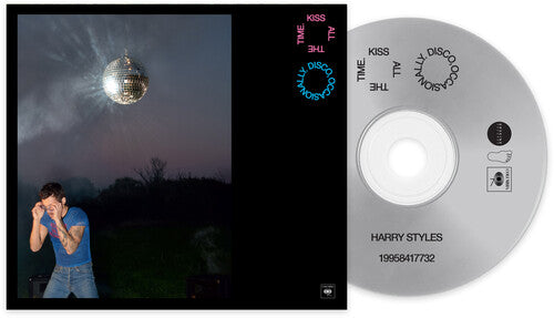 Harry Styles "Kiss all the time. Disco, ocassionally." album cover with a person and disco ball against a dark sky. Shown with a silver CD.