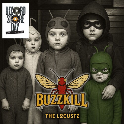 Children in costumes with 'Buzzkill' and 'The Locustz' logo on a dark background