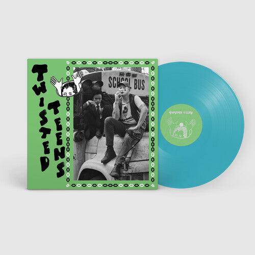 Album cover for Twisted Teens 'Blame the Clown' showing blue vinyl record sticking out the side of a green record sleeve