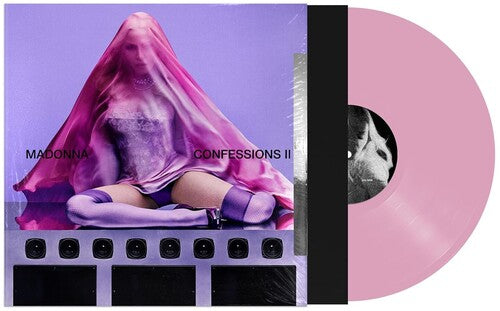 'Madonna Confessions II' album cover featuring Madonna draped in pink fabric. Shown with a pink vinyl record