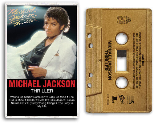 Cassette case showing Michael Jackson in white suit and black shirt laying sideways with text of "Michael Jackson Thriller" both above and below his body, as well as the track list. Gold cassette with black text on right side of cassette case.
