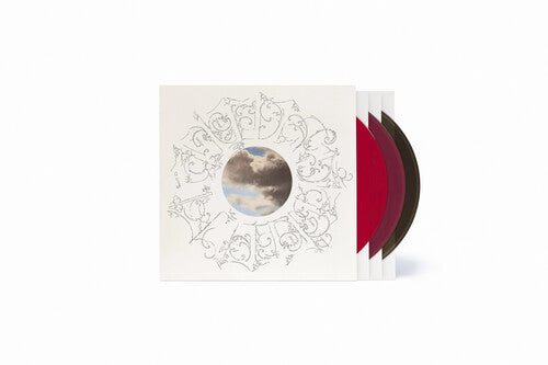 A vinyl record album package on a white background, featuring a cream-colored sleeve with a circular cloudy photo in the center and delicate line art, with three visible records in red, maroon, and black.