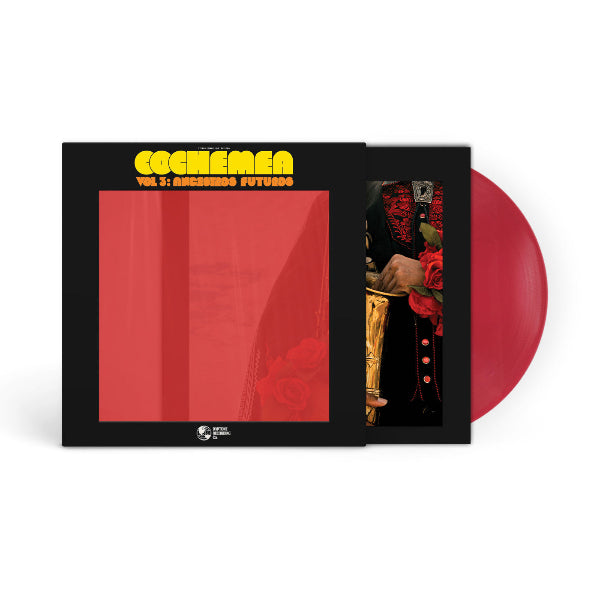 Cochemea "Volume 3: Ancestros Futuros" with red vinyl record and black cover featuring text and images on a white background