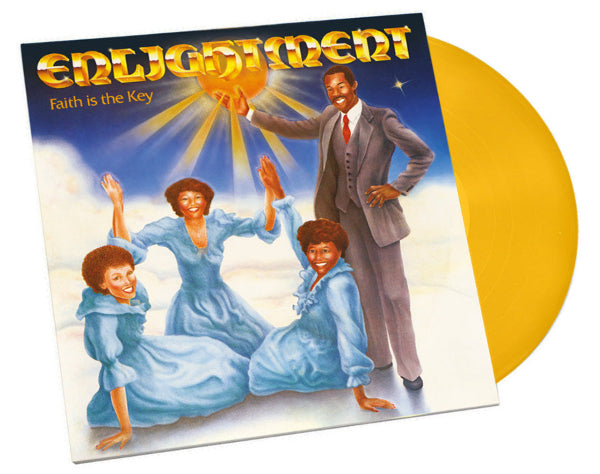 Vinyl record with a cover featuring a group of people and the title 'Enlightenment: Faith is the Key'. Shown with a yellow colored vinyl record