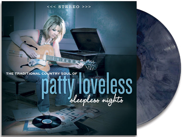 Patty Loveless "Sleepless Nights" album cover shown with a denim blue marble colored vinyl record