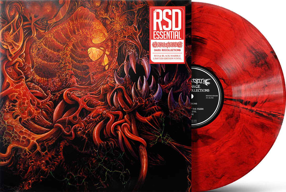 Carnage "Dark Recollections" album cover shown with a red and black marble colored vinyl record