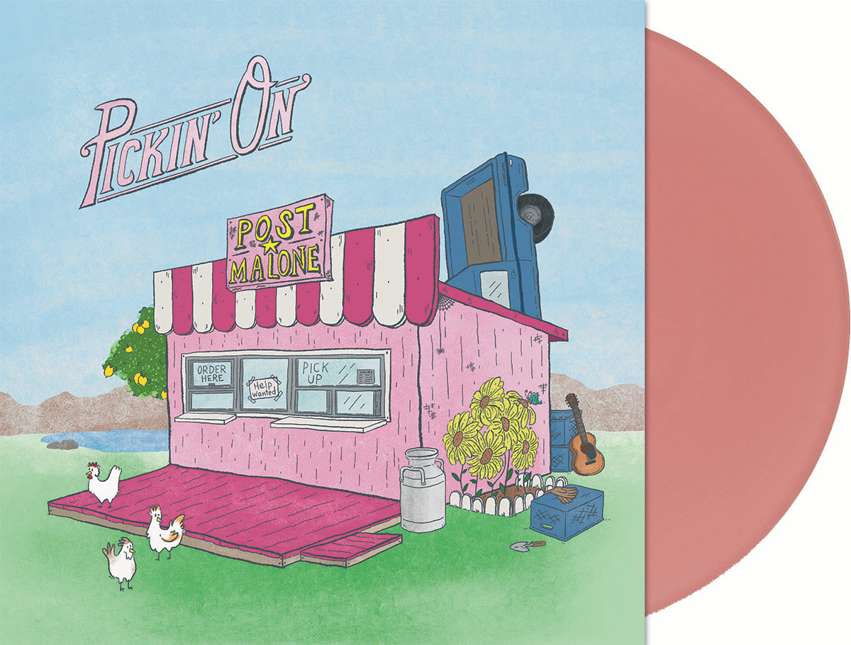 Vinyl record cover with a pink building labeled 'Post Malone' and 'Pickin' On' on a blue background.