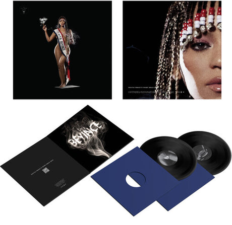 Images of Beyonce "Cowboy Carter" album cover, both front and back, along with the inner gatefold images and 2 black vinyl records in blue sleeves