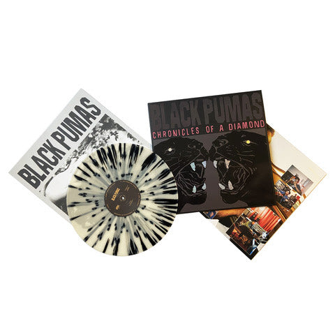 Black Pumas - Chronicles of A Diamond Midnight Edition album cover shown with a poster insert, picture inner sleeve, and black & white splatter colored vinyl record