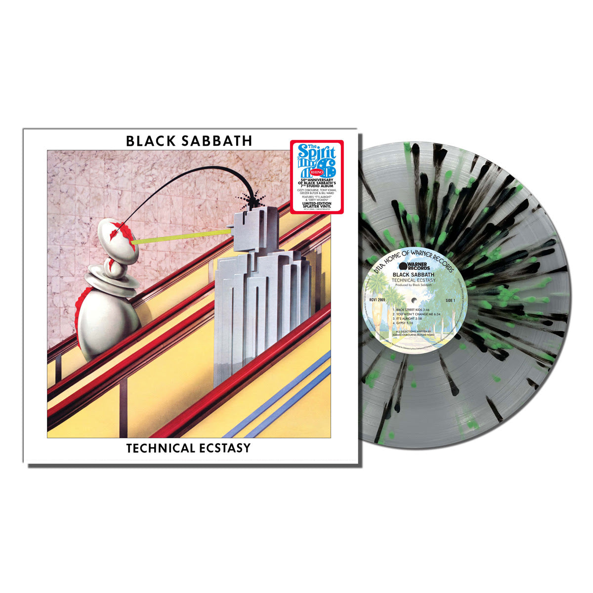 Black Sabbath Technical Ecstasy album cover with green and black splatter vinyl