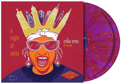 Celia Cruz & Friends - A Night of Salsa album cover and 2LP magenta splatter vinyl.