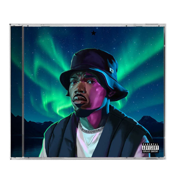 CD cover with Chance the Rapper wearing a hat and jacket against a Northern Lights background