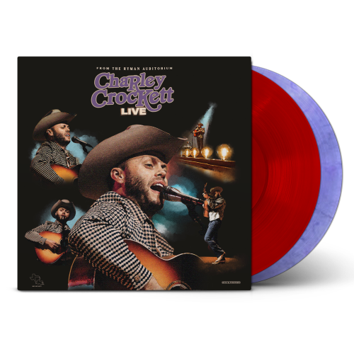 Charley Crockett Live From the Ryman album cover shown with 2 colored vinyl records, one red and one purple