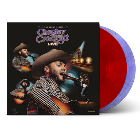 Charley Crockett Live From the Ryman album cover shown with 2 colored vinyl records, one red and one purple