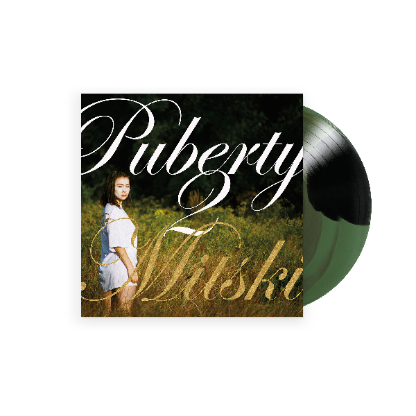 Mitski "puberty 2" album cover shown with a green and black swirl vinyl record