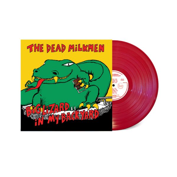 The Dead Milkmen "Big Lizard in my Backyard" album cover featuring a green lizard and text, on a white background, shown with a red colored vinyl record