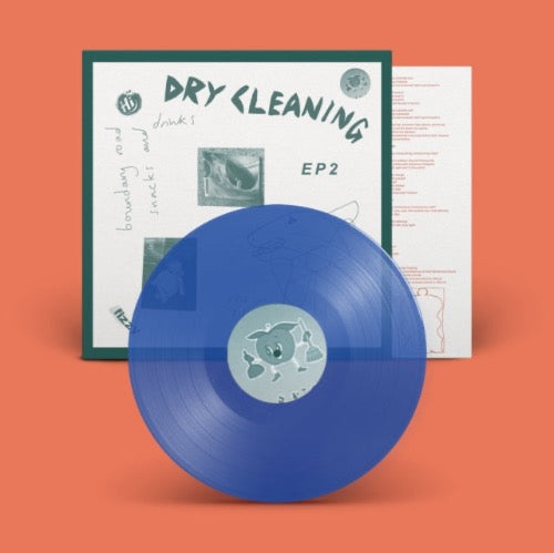 Dry Cleaning - Boundary Road Snacks and Drinks + Sweet Princess EP album cover and clear blue vinyl.