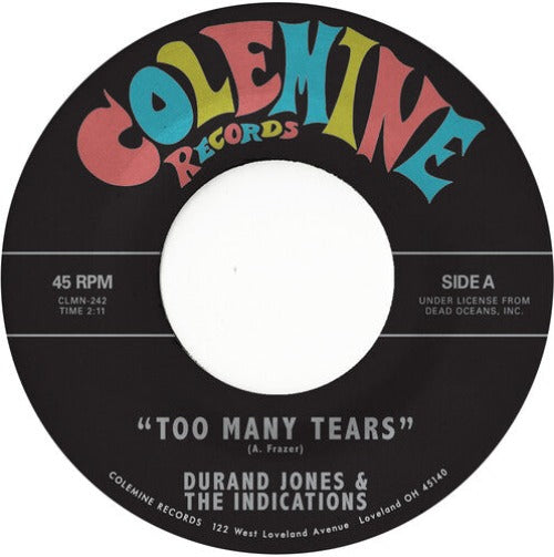 Durand Jones and the Indications - Too Many Tears / Cruisin’ To the Park 7" label.
