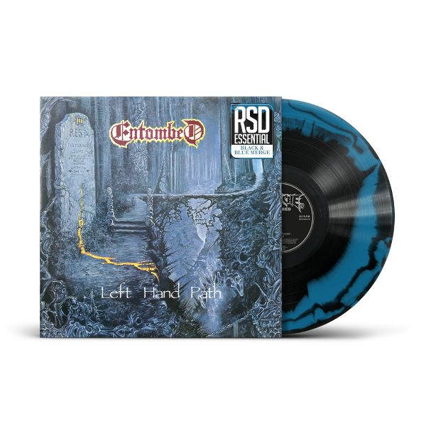 Entombed "Left hand path" album cover shown with a blue and black swirl colored vinyl record