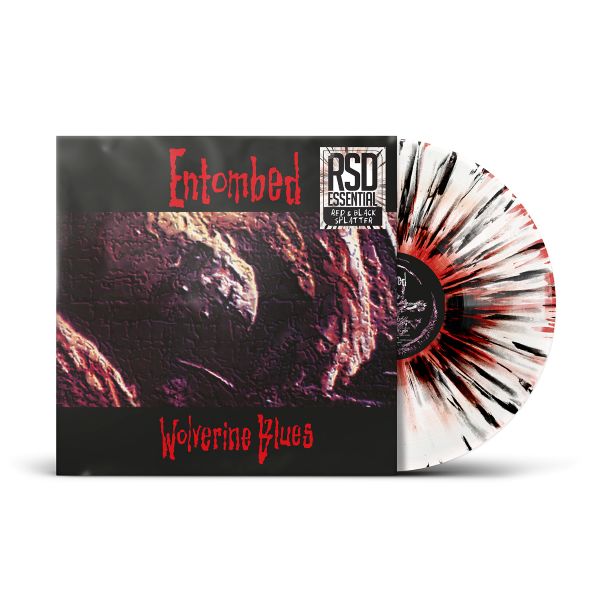 Entombed "Wolverine Blues" album cover shown with a white with red and black splatter colored vinyl record