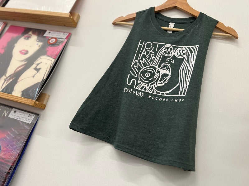 Forest green colored cropped tank top with "Hot Wax Summer" logo printed on the front in white ink