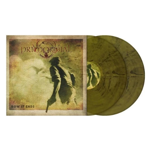 Primordial - How It Ends album cover and 2LP ochre marbled vinyl.