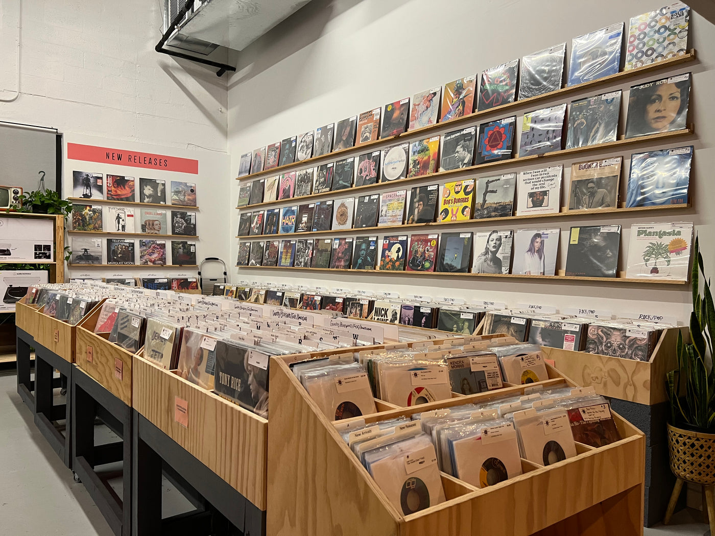 View from the back of the shop facing the front right side. Features 2 rows of record bins, a 7" vinyl section, the large featured record wall, and the New Releases section.