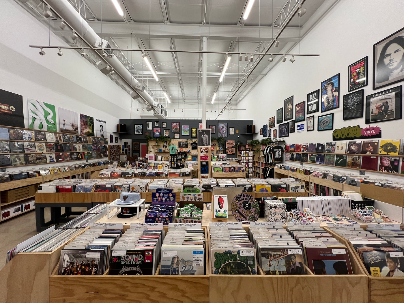 Image shows the interior of the record shop with vinyl records on shelves and walls.
